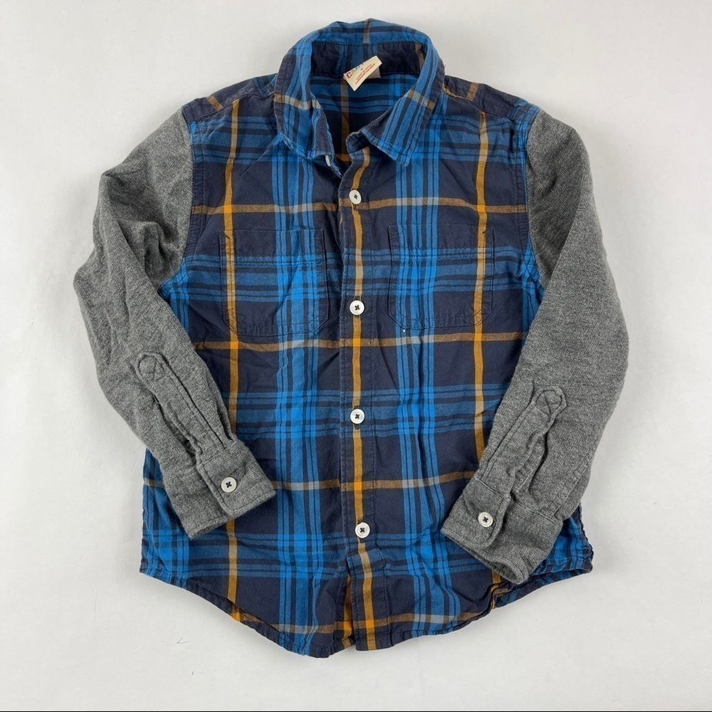 Harper Canyon Button Up Shirt Boys 4 Blue Plaid Gray Long Sleeve